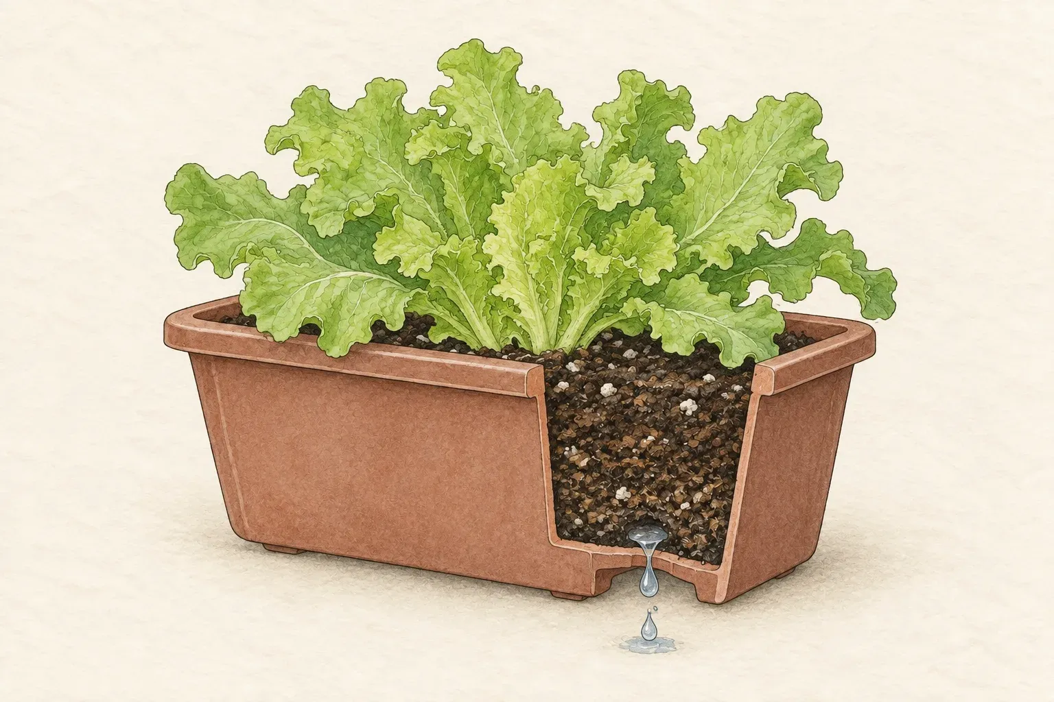 植物观察手册风格插图,一盆叶用生菜的盆壁局部剖开,底部排水孔有水滴排出。